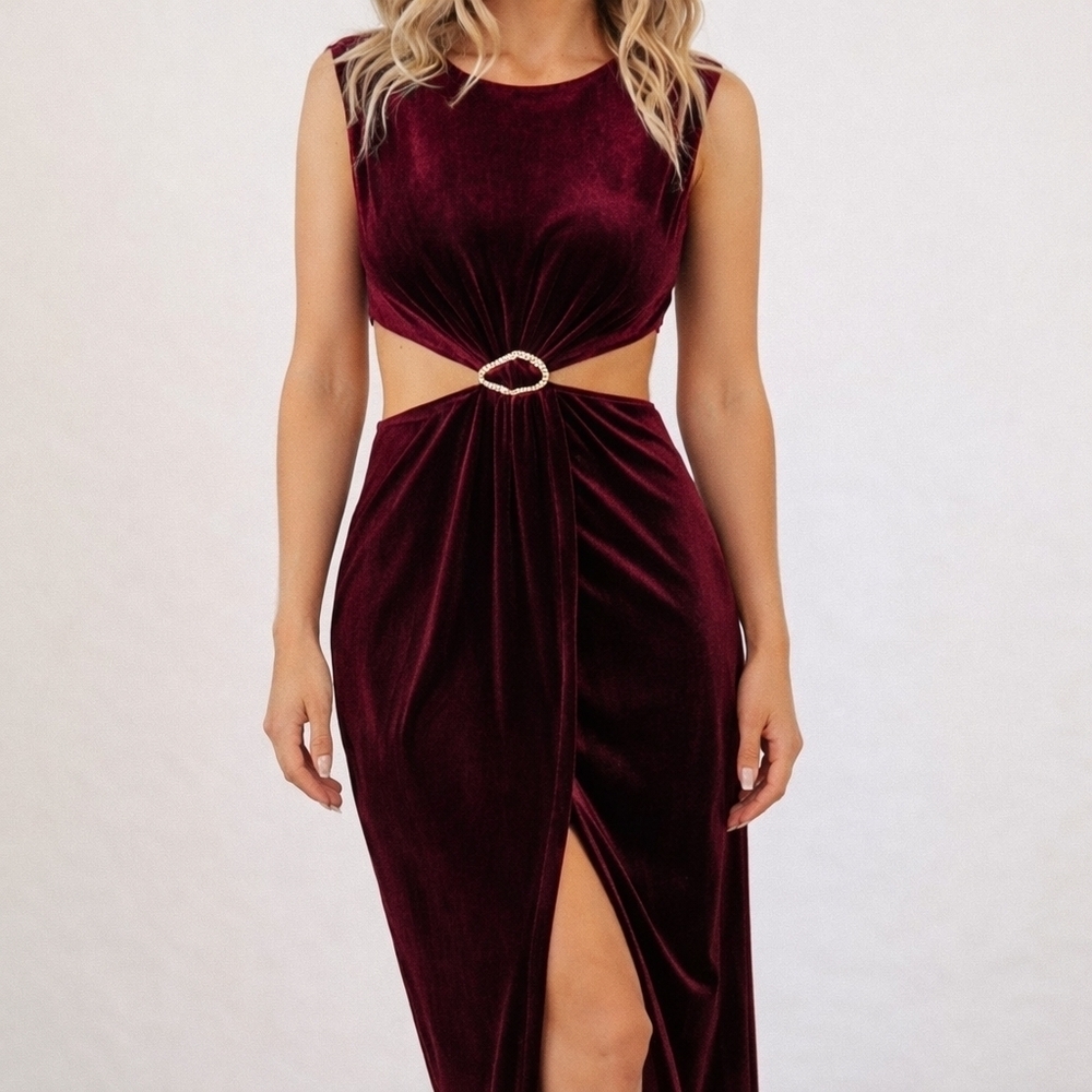 NWT~B.RIGHT~D.ARK~Cutout Dress~Dark Crushed Red Velvet~Midi Front Slit~Small